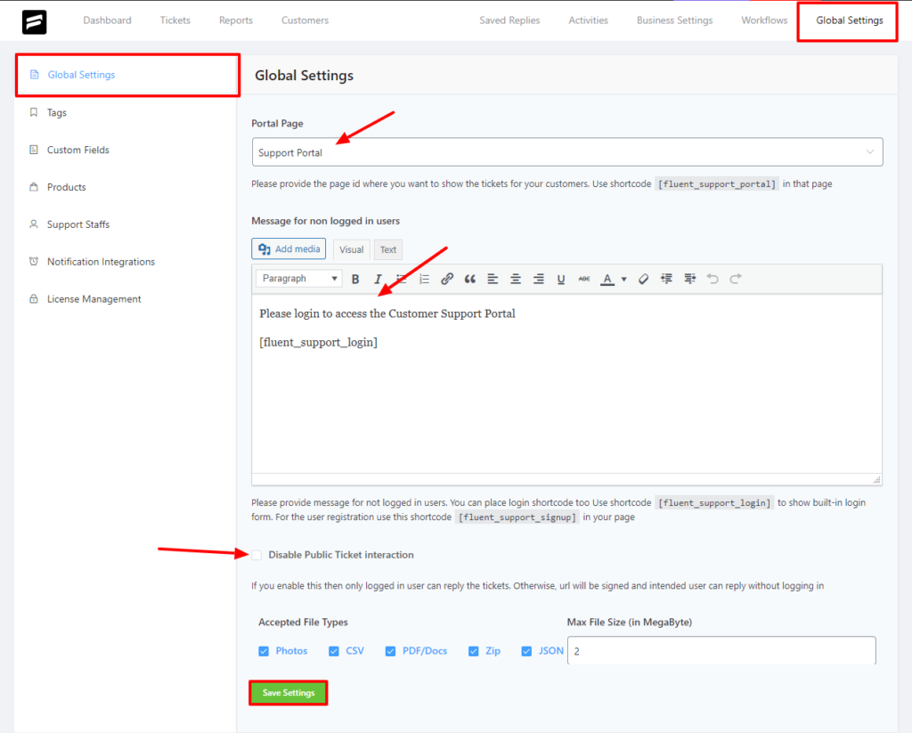 Fluent Support how to set up global setting