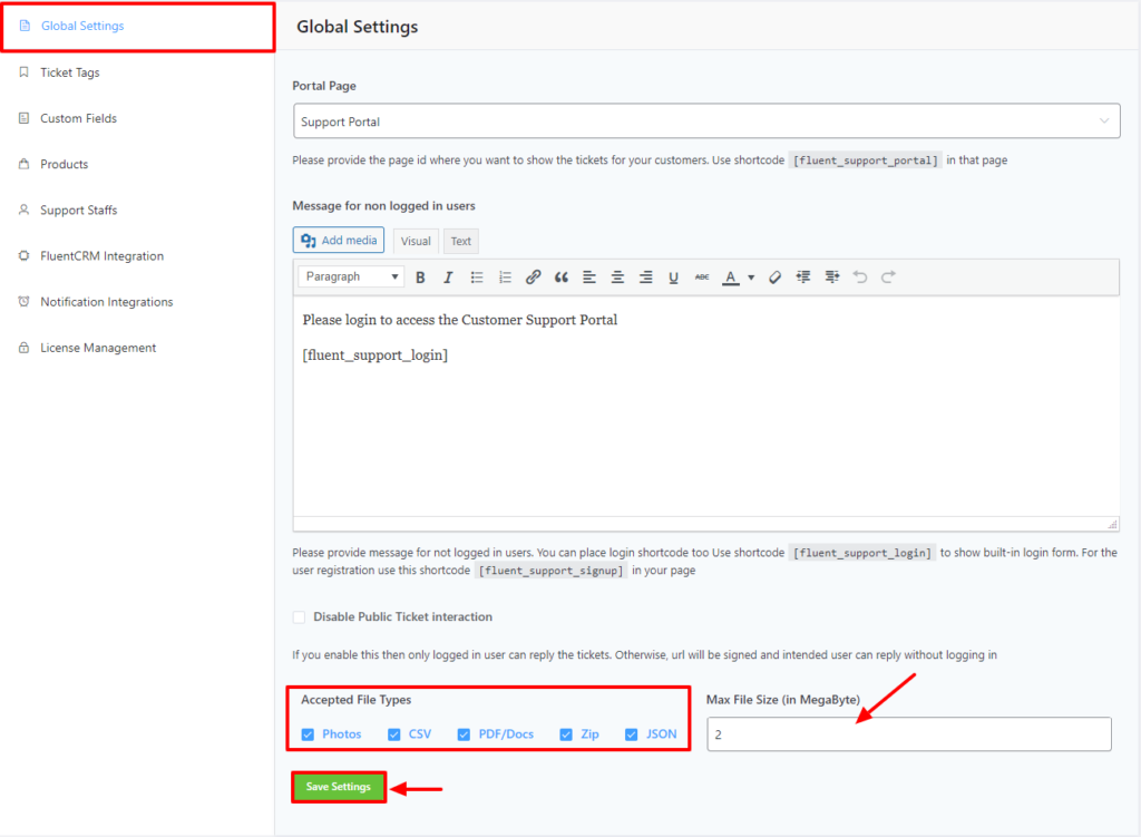 Fluent Support global settings
