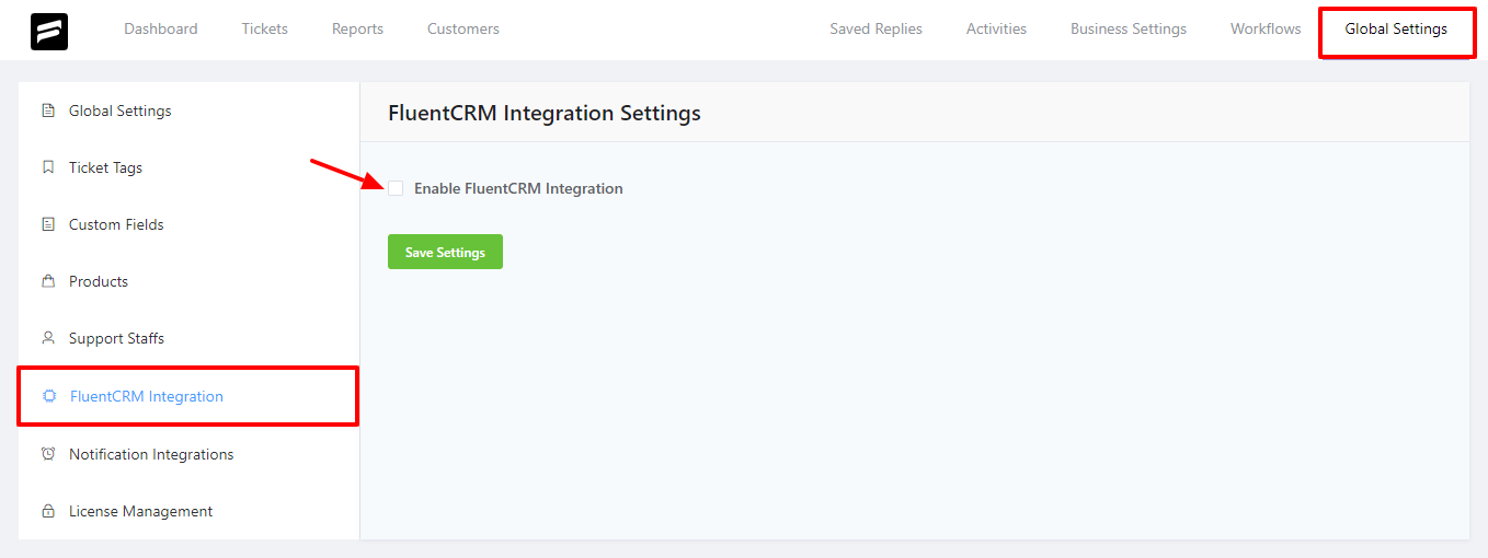 Fluent Support fluent crm integration setting