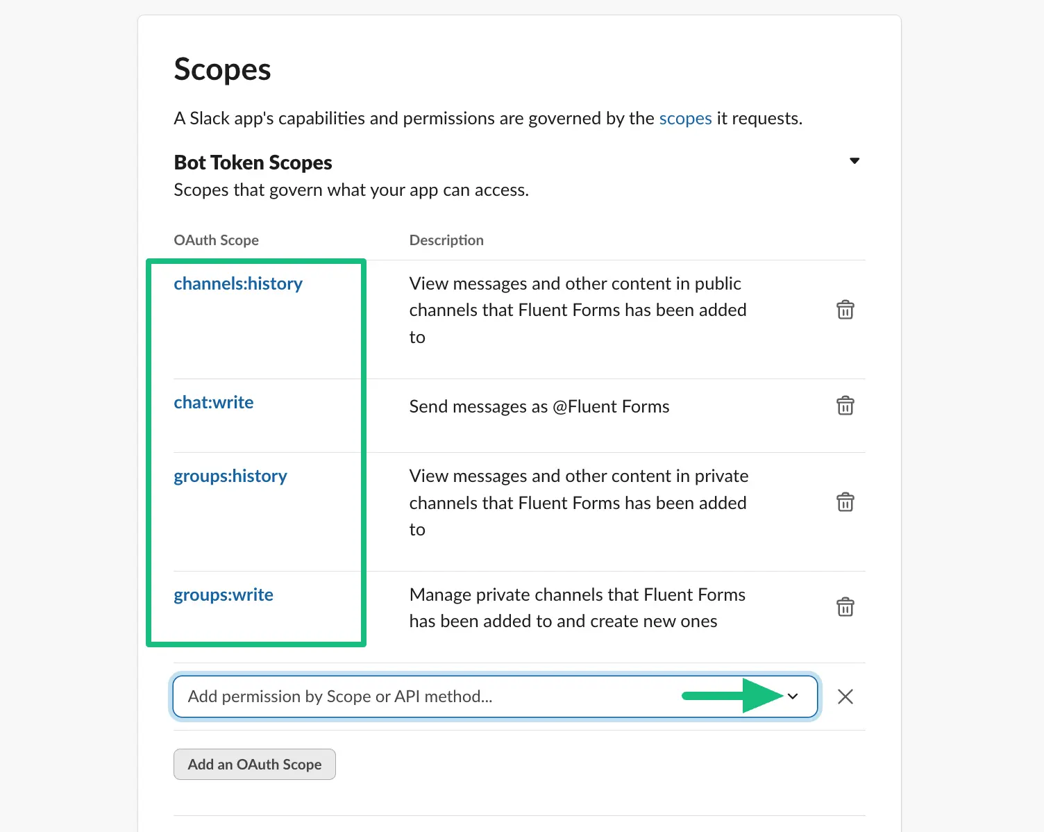 Four options needed to add under Scopes