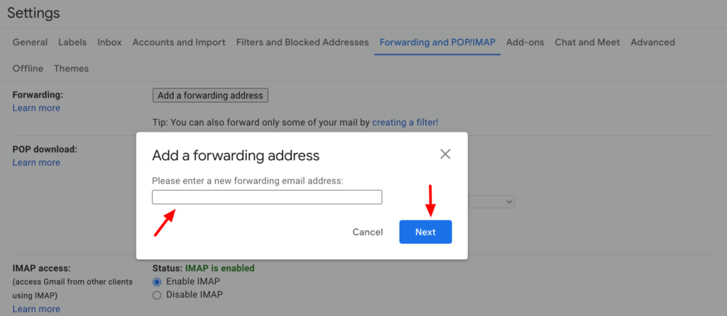 Email forward popup - Gmail