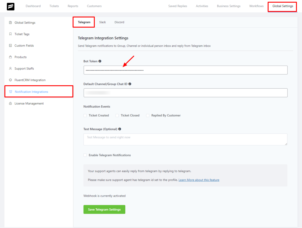 Fluent Support telegram integration