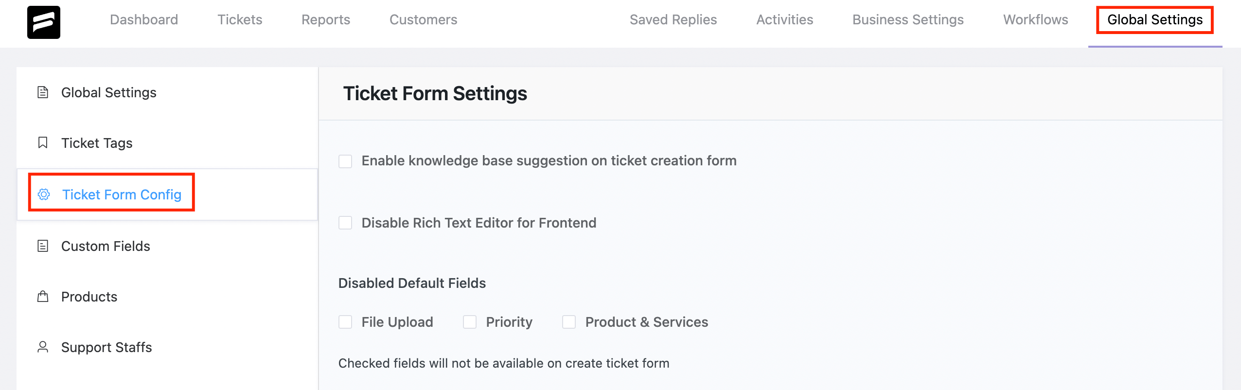 Fluent Support ticket form configuration