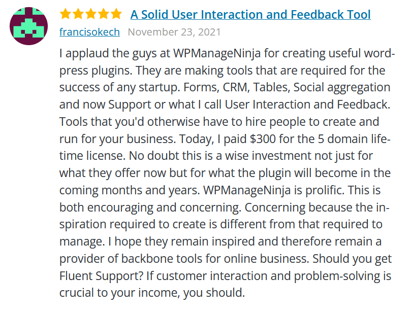 Fluent Support WordPress user review