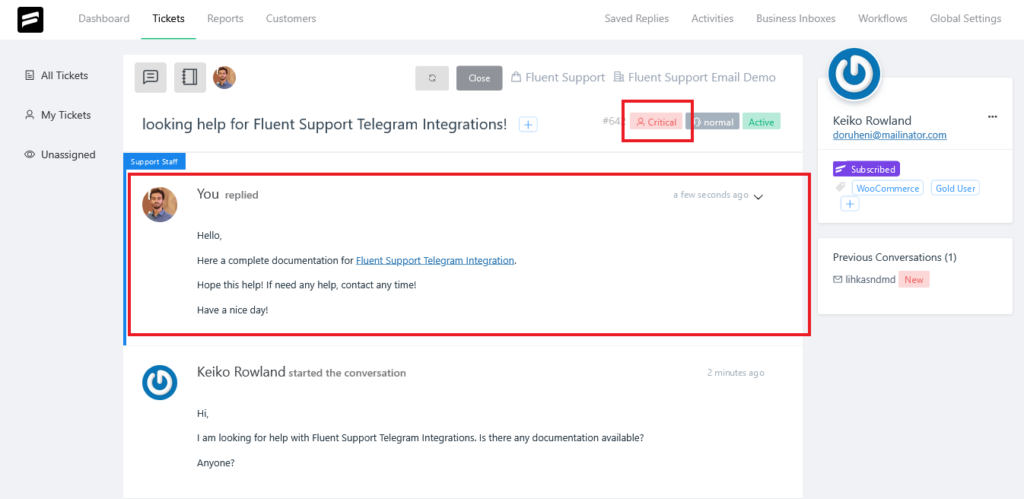 An example of FCR via Fluent Support helpdesk plugin