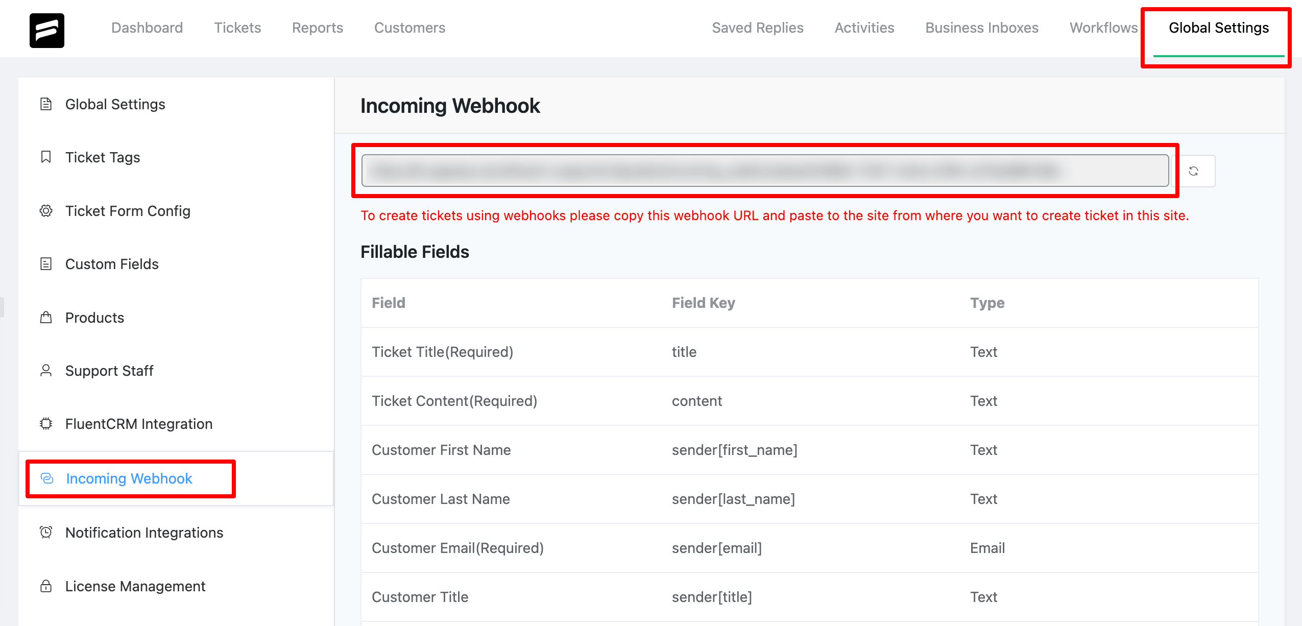 fluent support incoming webhook