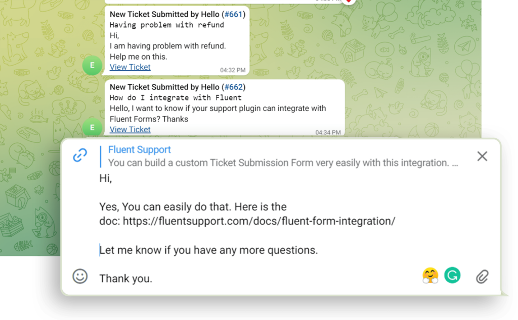Add response to tickets from telegram chat directly