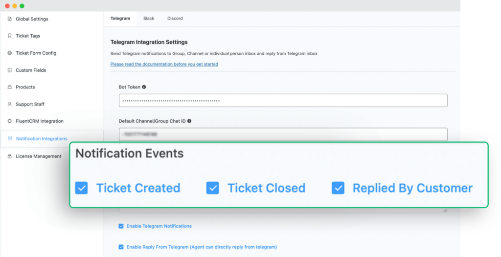 telegram customized events settings