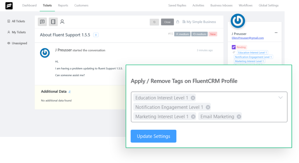 add or remove tags to Fluent CRM list directly from support tickets