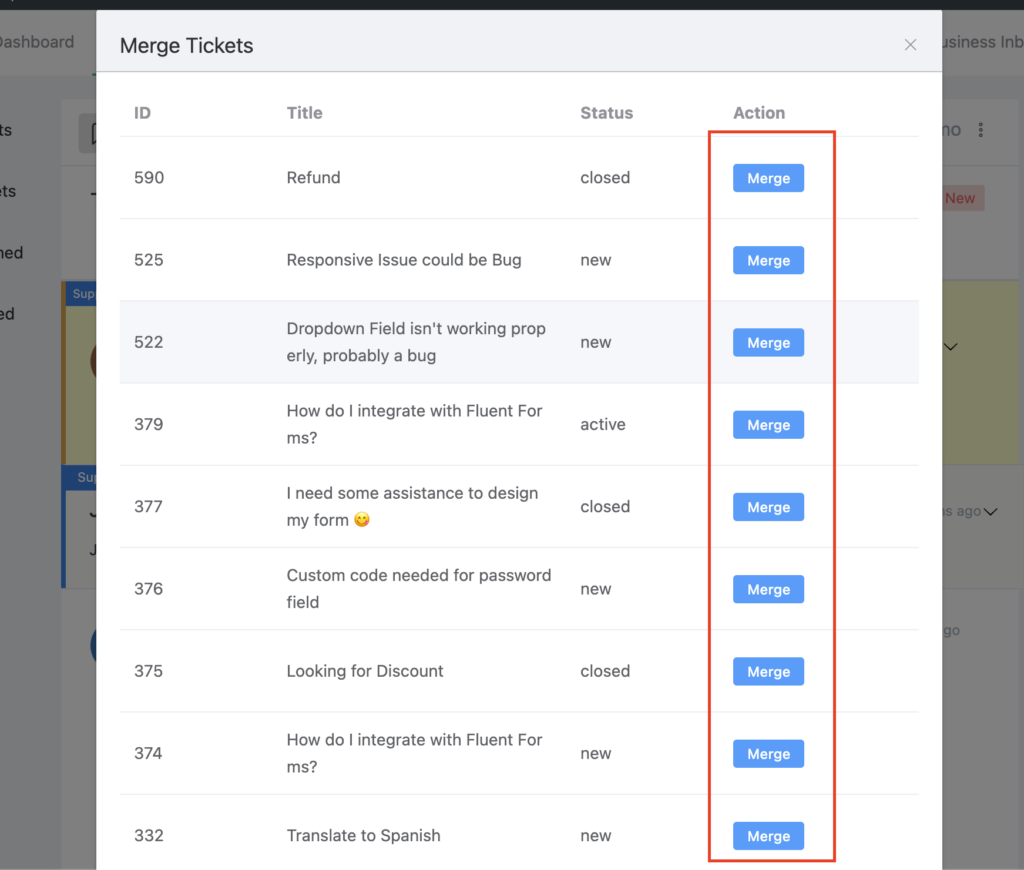 Fluent Support Merge tickets