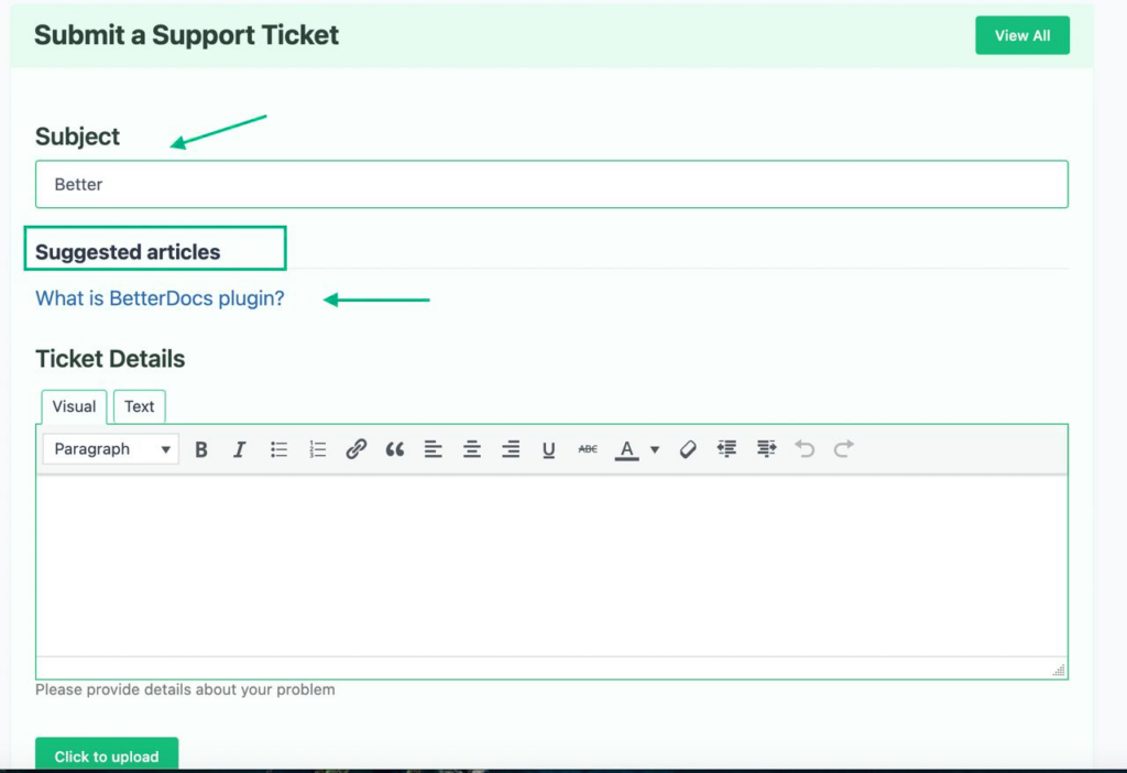 betterdocs suggestion in ticket forms fluent support