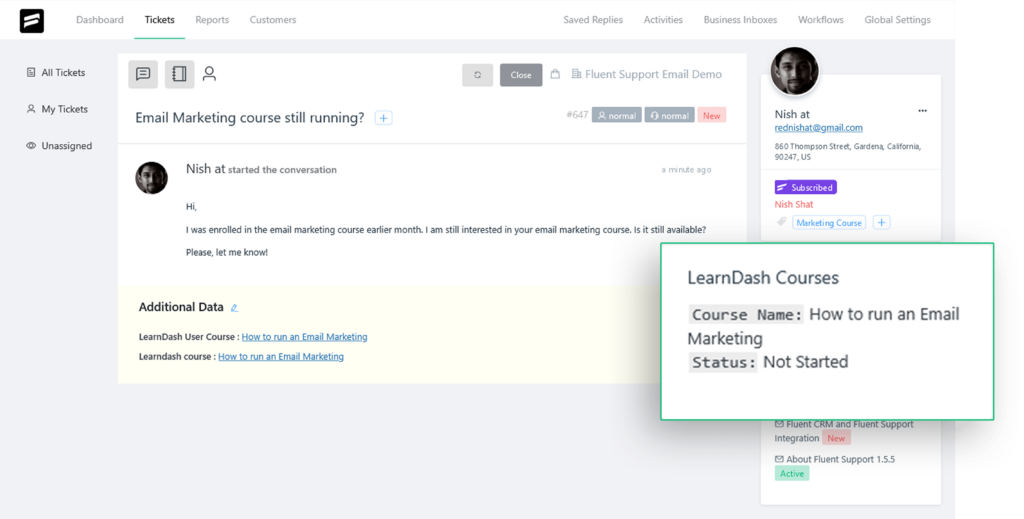 LearnDash learners info in tikcets