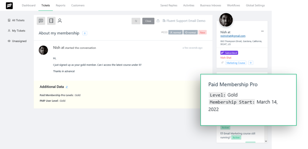 paid membership pro order history in fluent support tickets