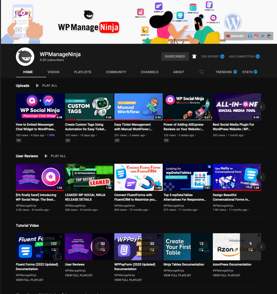 wp manage ninja youtube channel