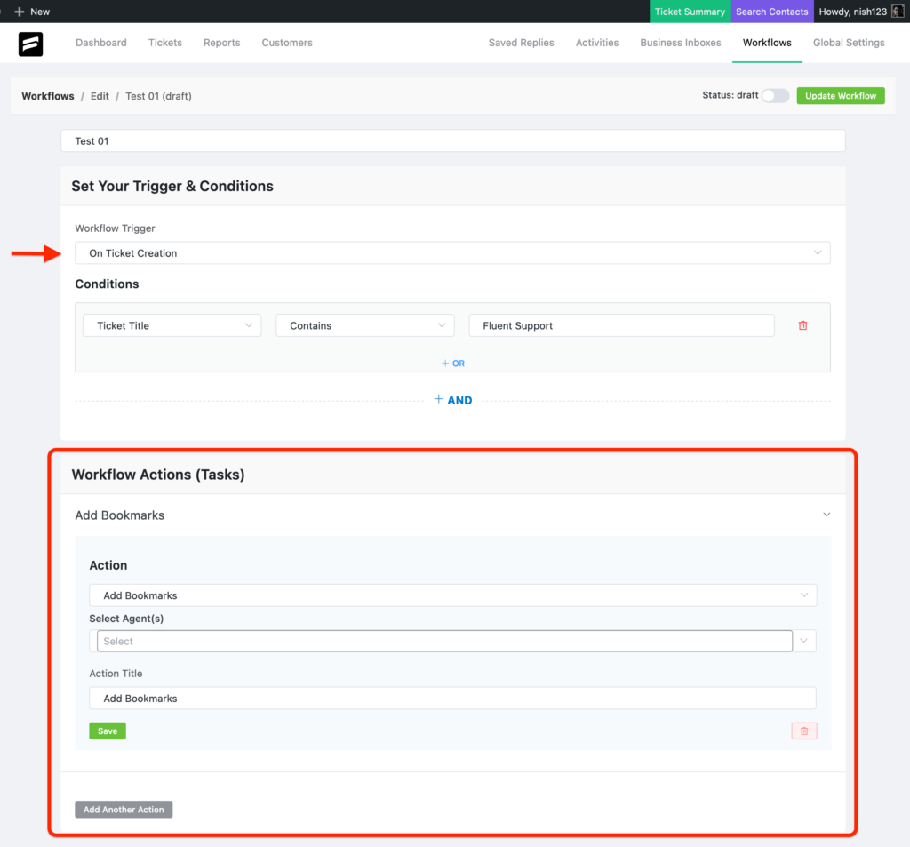 Add bookmark feature in fluent support workflow automation