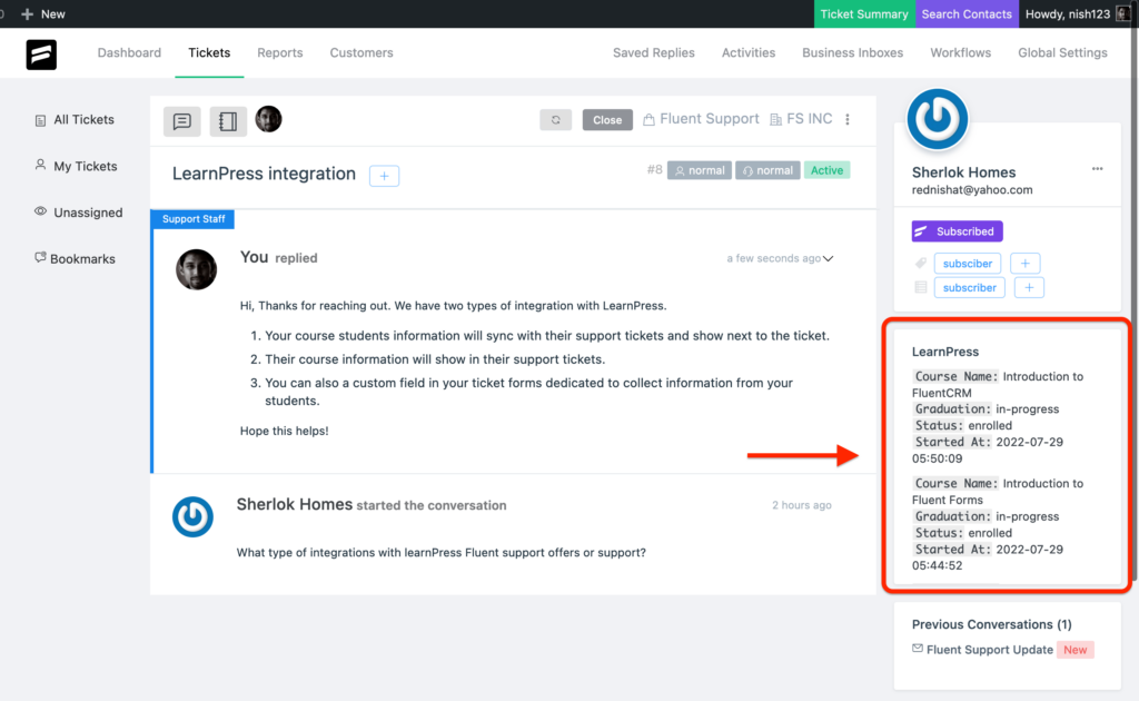 LearnPress user details in fluent support tickets