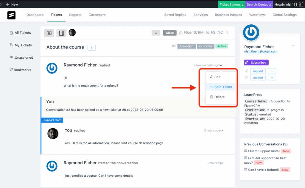 Split a ticket reply into new ticket with fluent support