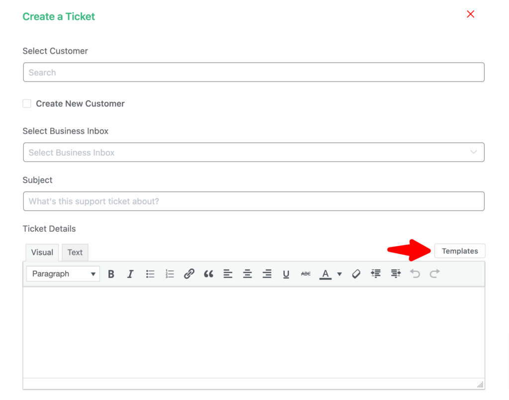 fluent support ticket creating template for agent