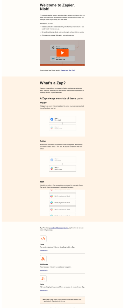 zapier customer onboarding process example welcome email