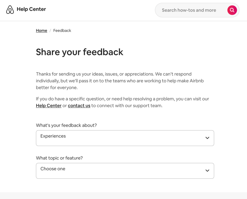 airbnb feedback form example