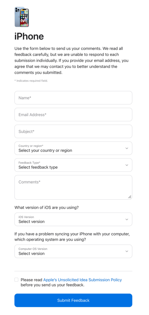apple Iphone feedback form example