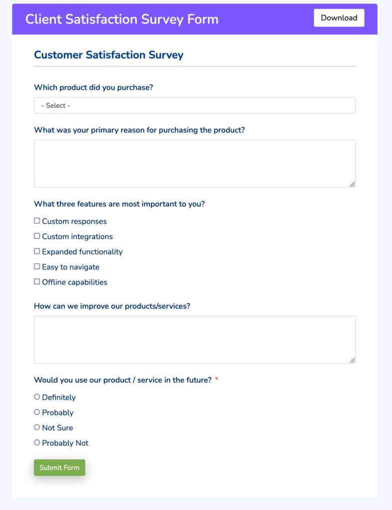client satisfaction feedback form template