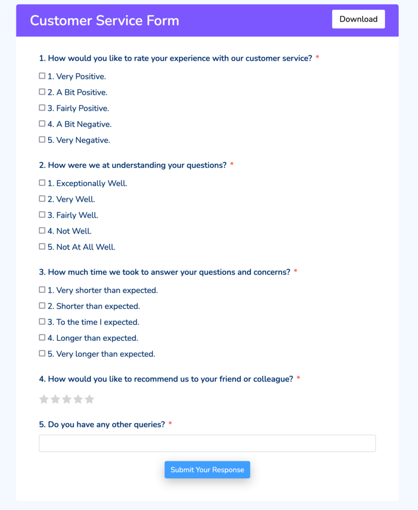 customer service feedback form template