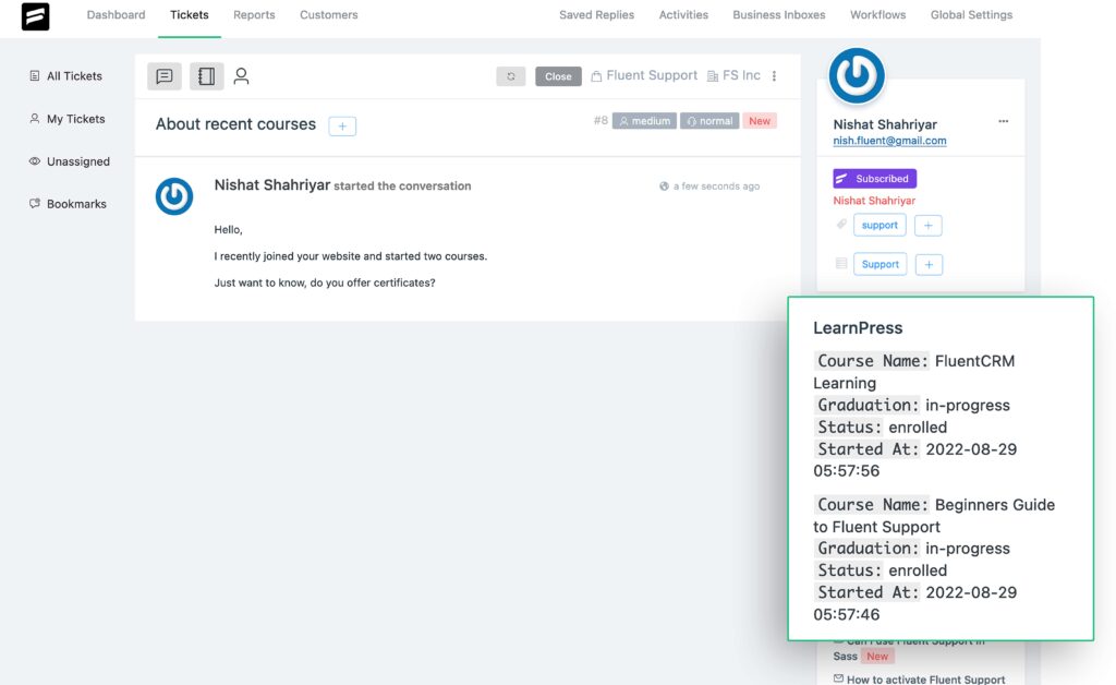 learnpress learner info in customer support ticket