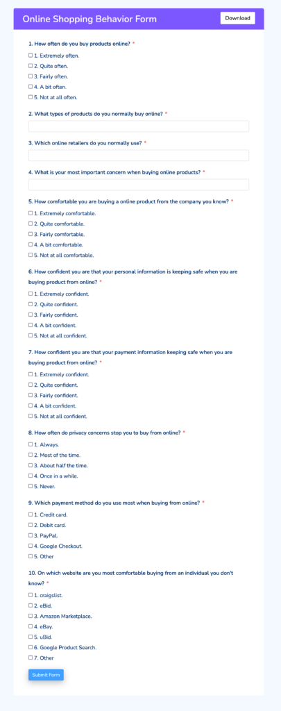 online shopping behavior feedback form template