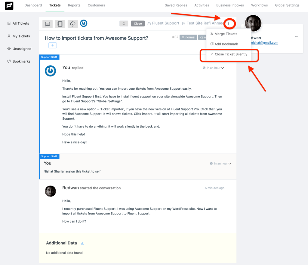 Close tickets silently on fluent support system