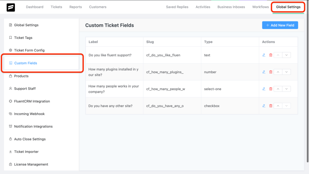 fluent support custom fields