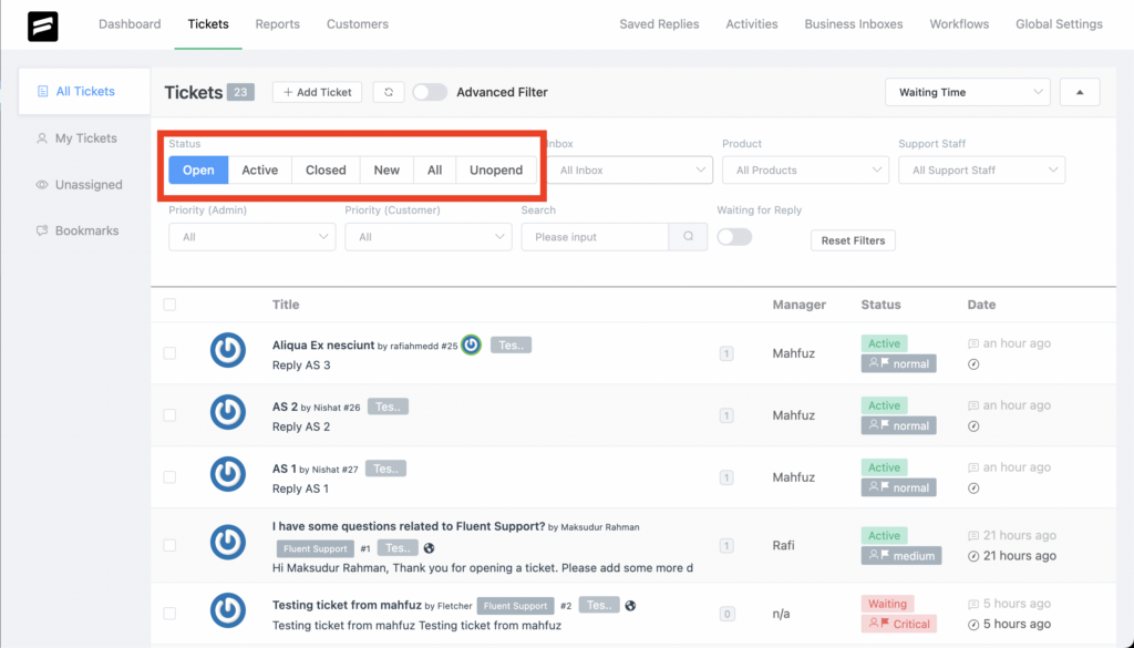 custom ticket status on fluent support ticket dashboard