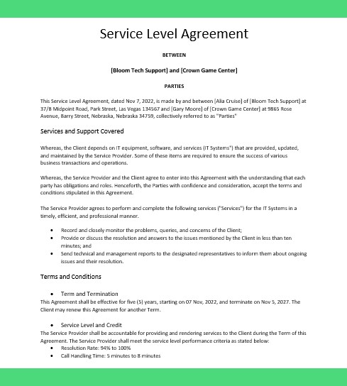 customer service level agreement sla example
