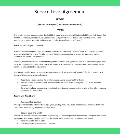 simple service level agreement template