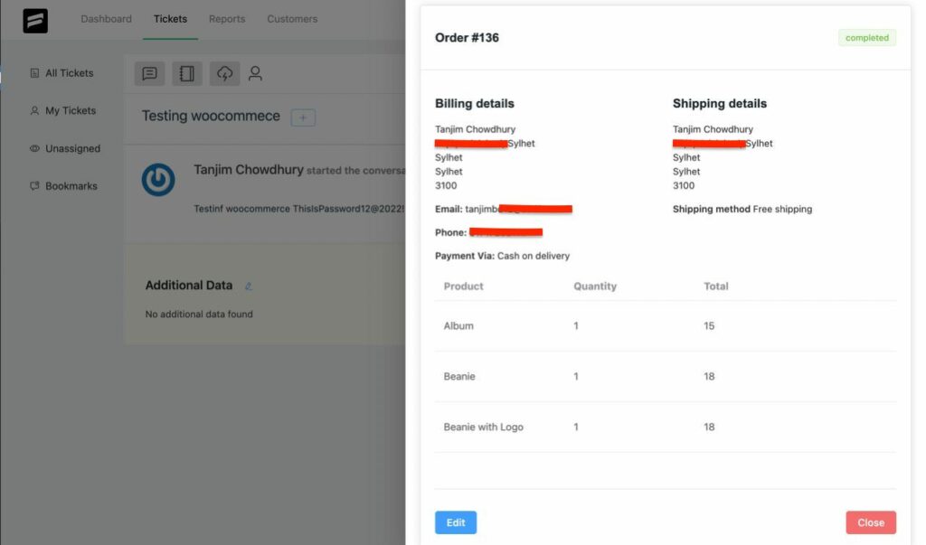 Order details of WooCommerce Purchase
