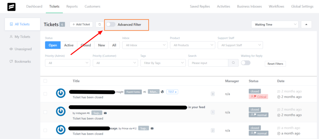 Toggling the advanced filtering function