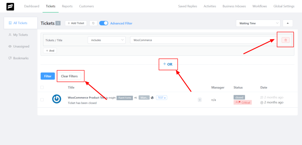 clear filters, add data fields as OR, or eliminate data fields using the delete button