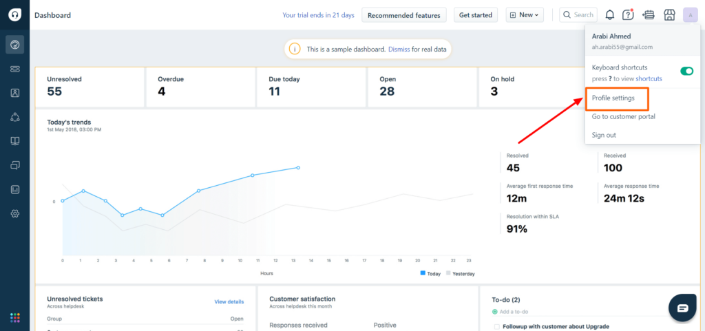 Profile Settings in Freshdesk Dashboard