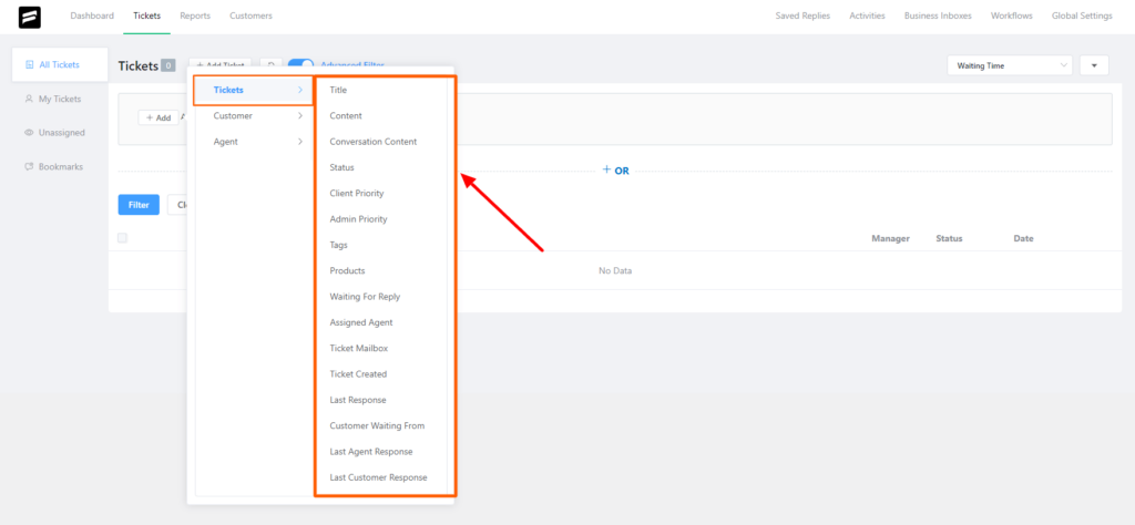 The available data properties to Advance Filter the Tickets