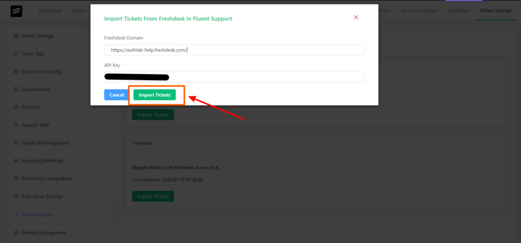 Import tickets button to confirm import from freshdesk