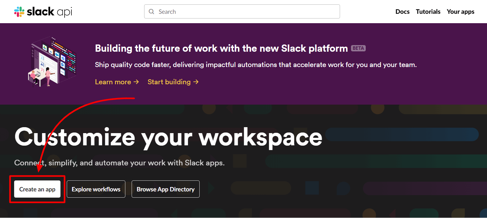 Create an app in Slack API