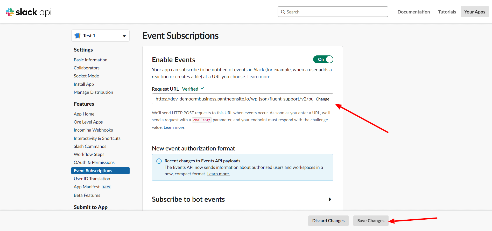 Enable Events - Slack API