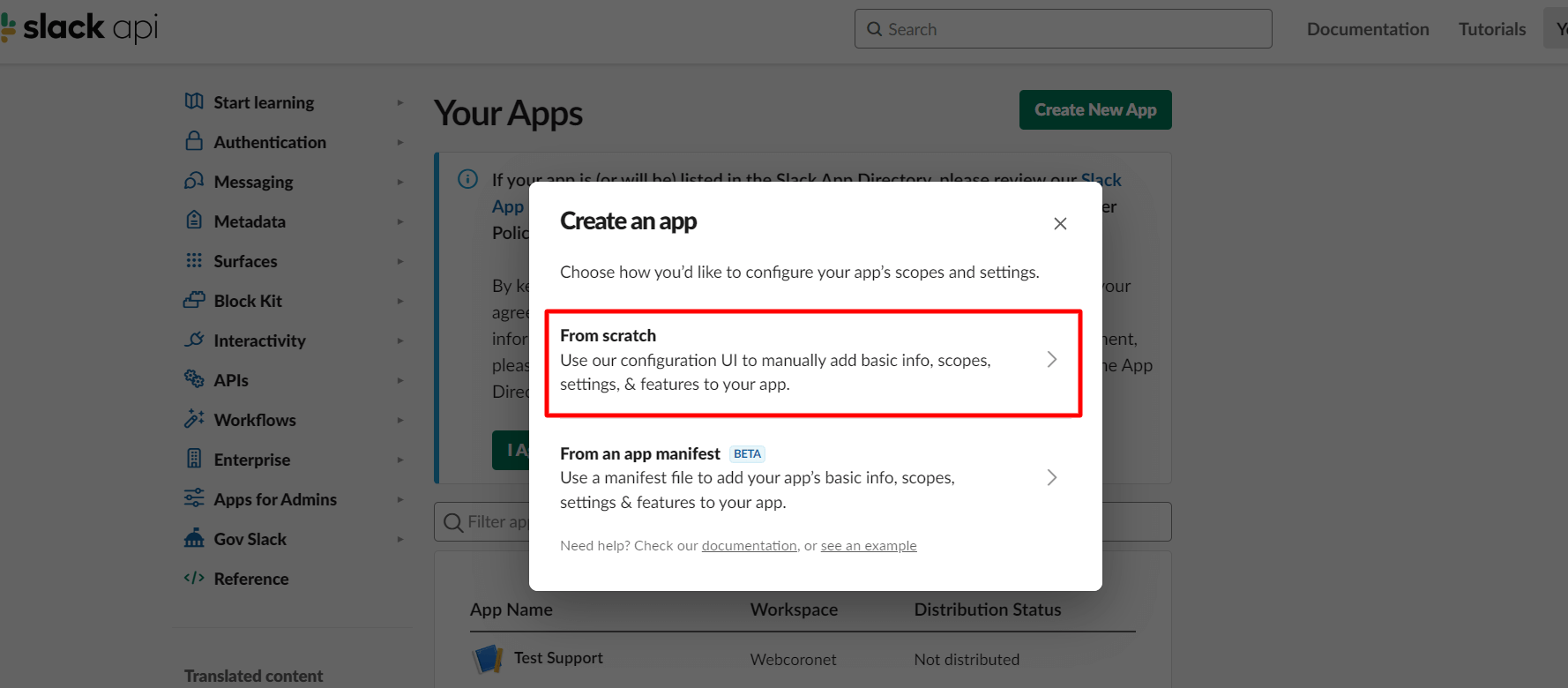 Create an app from scratch in Slack API