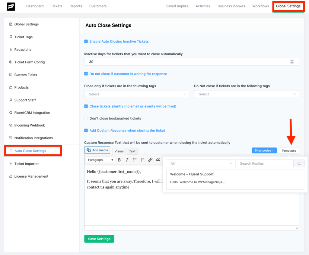 Saved Replies (Templates) Add custom response to auto close settings in Fluent Support