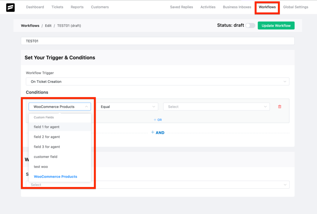 Custom field in the workflow condition in fluent Support