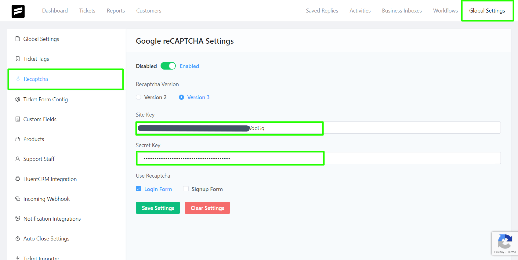 Fluent Support integrated with Google reCAPTCHA - Settings