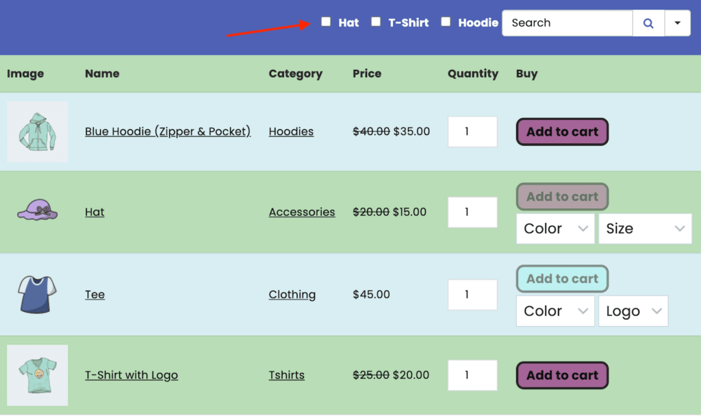 woocommerce product table