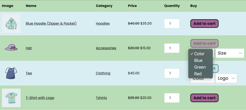add to cart woocommerce product table