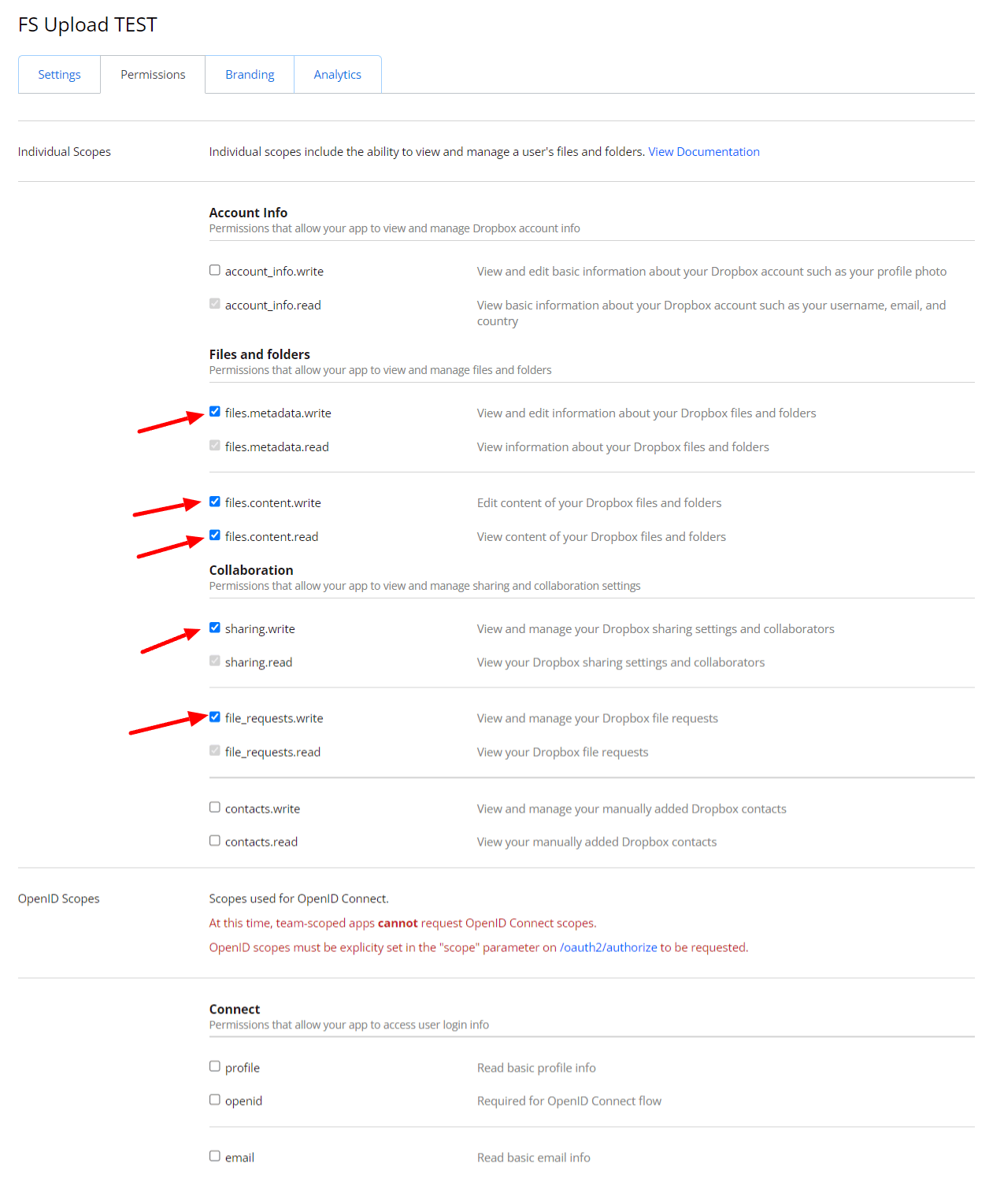 Areas (files.metadata.write, files.content.write, files.content.read, sharing.write, file_requests.write) - Dropbox Integration with Fluent Support