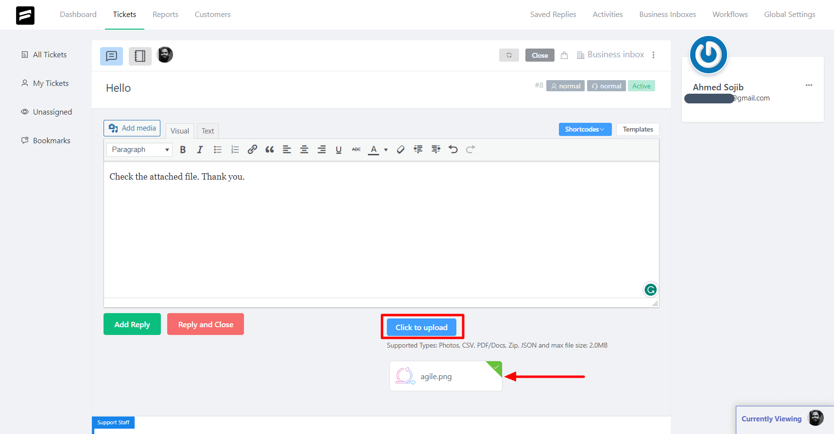 uploaded file with a ticket reply